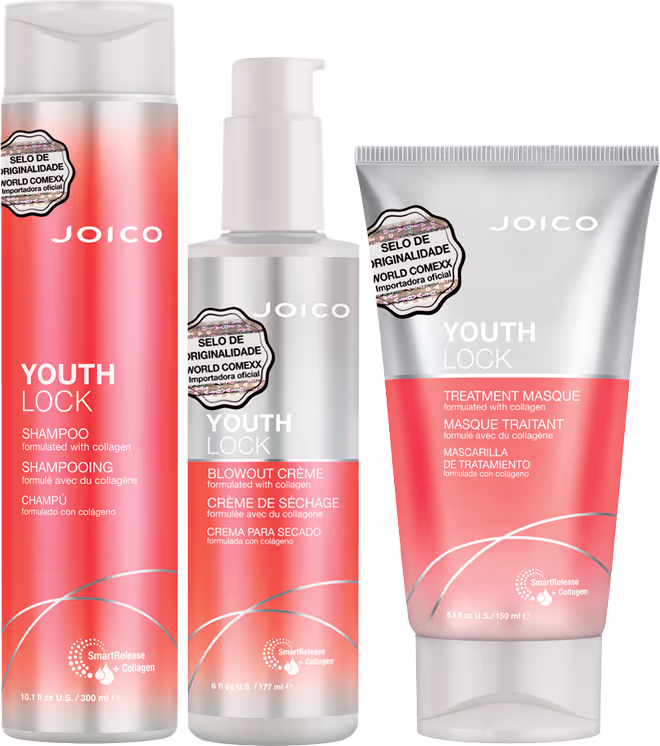 Conjunto de produtos Joico Youth Lock, incluindo shampoo, leave-in e máscara de tratamento, em embalagens brancas e laranja com rótulos destacados.