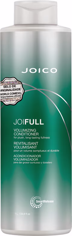 Frasco de condicionador volumizador Joico Joifull, com embalagem em tons de verde e branco, rótulo destacando o nome do produto e sua função de revitalizar e dar volume aos cabelos.