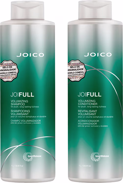 Dois frascos de shampoo e condicionador Joico Joifull, com embalagens em tons de verde, apresentando rótulos com o nome da marca e a indicação de volumização.