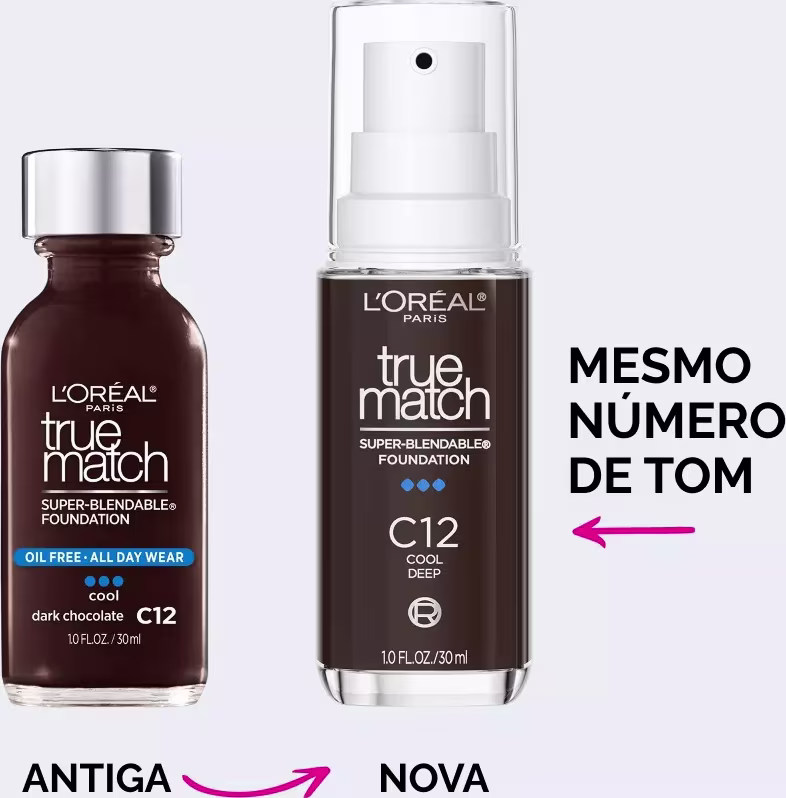 Embalagens antiga e nova da base de maquiagem da marca L'Oréal Paris, apresentando diferentes tonalidades de base líquida em fundo branco. O ambiente é minimalista, focado nos produtos e suas características técnicas.