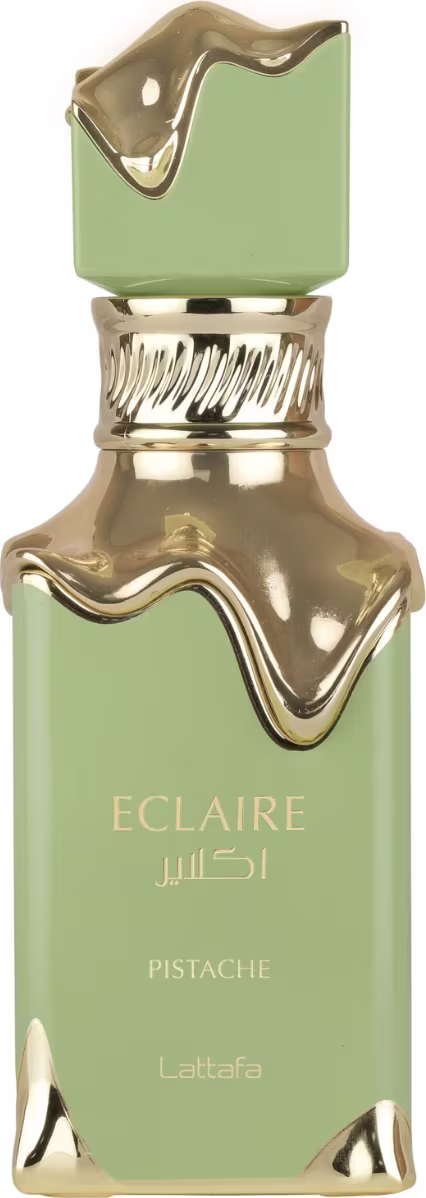 Frasco de perfume Eclaire da marca Lattafa, com design dourado e verde claro, contendo a fragrância de pistache. O frasco possui formato geométrico com detalhes ondulados e tampa dourada.