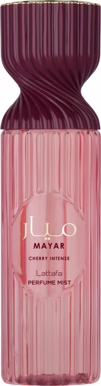 Frasco de body splash Lattafa Mayar Cherry Intense, em formato ondulado com tonalidades de rosa e vinho, com rótulo destacando o nome da fragrância.