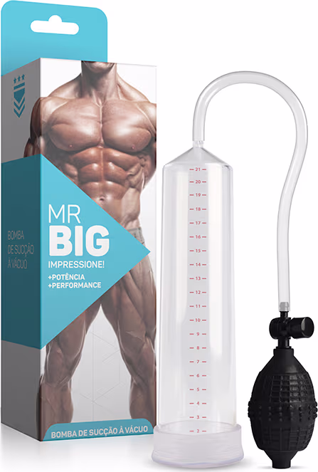 Bomba de sucção a vácuo, com o nome "MR BIG" impresso na embalagem. O produto em si é um cilindro transparente com uma bomba preta acoplada. O cilindro possui marcações de medição impressas nele.