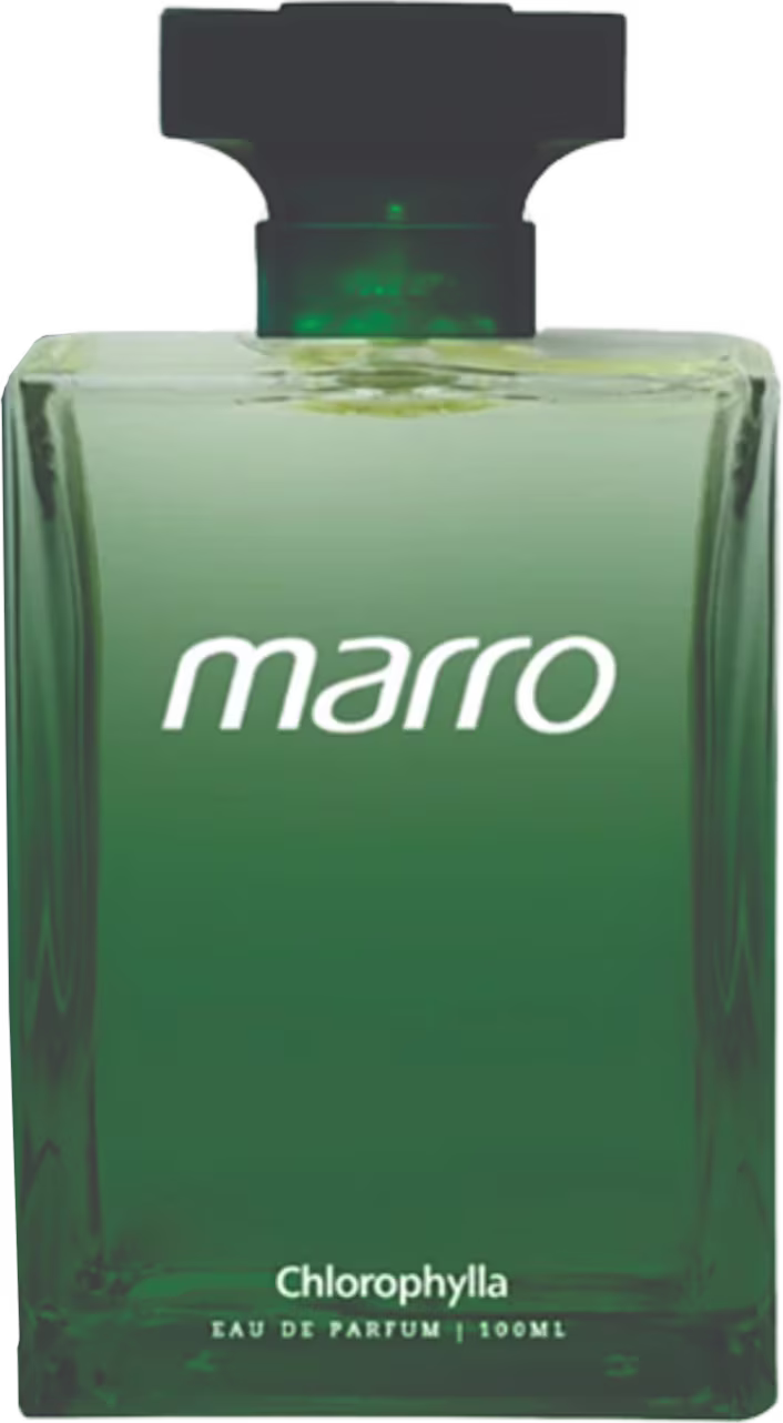 Frasco de perfume Chlorophylla da marca Marro, com design minimalista em tons de verde, contendo 100ml de produto.