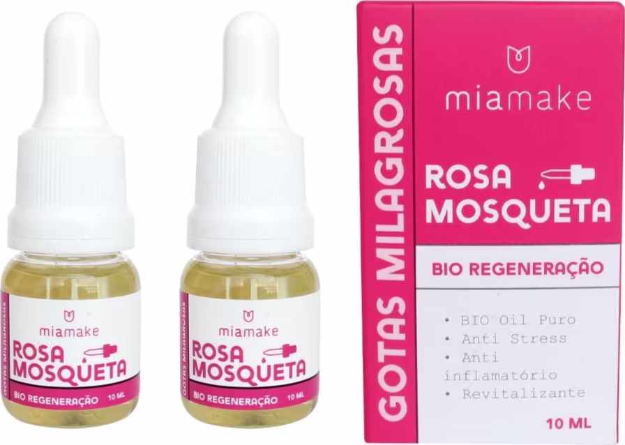 Dois frascos de óleo de Rosa Mosqueta da marca Miamake, com 10 ml cada, em embalagem rosa com texto informativo sobre os benefícios do produto, como bio regeneração, anti stress e anti inflamatório.