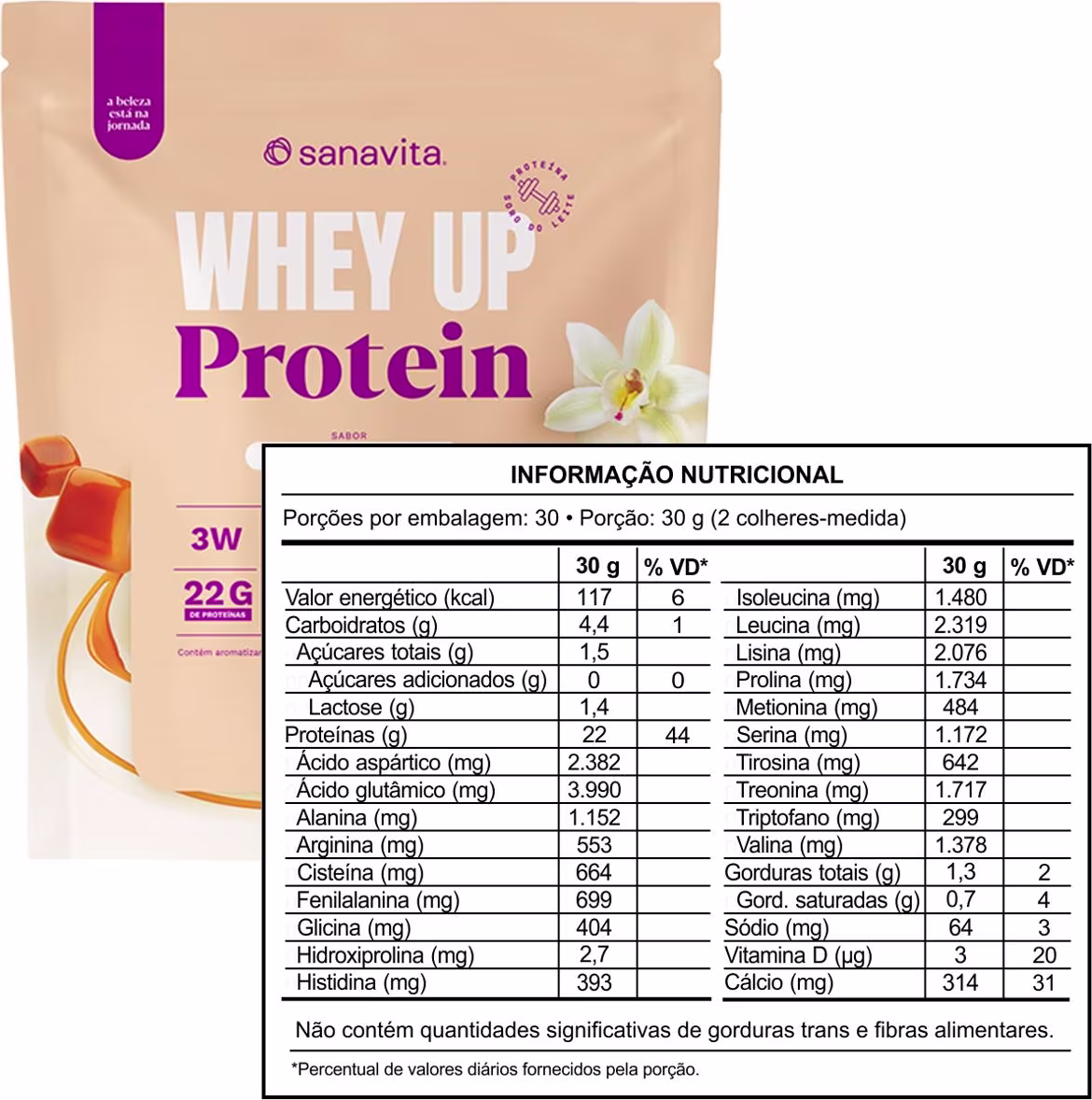 Embalagem de proteína em pó Whey Up da marca Sanavita, com informações nutricionais detalhadas. Pacote de 30 porções, com destaque para o teor de proteínas e informações sobre aminoácidos essenciais.