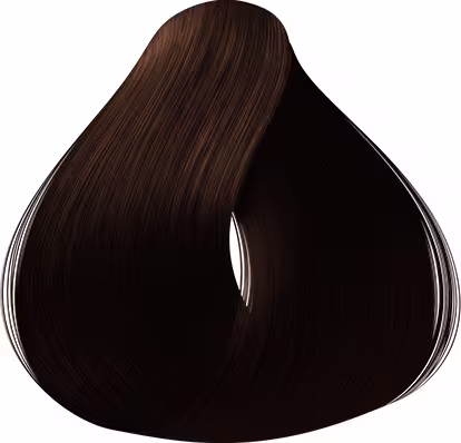 A imagem mostra uma amostra de coloração de cabelo da marca Keune, com uma textura lisa e brilhante, em um tom de castanho escuro uniforme.