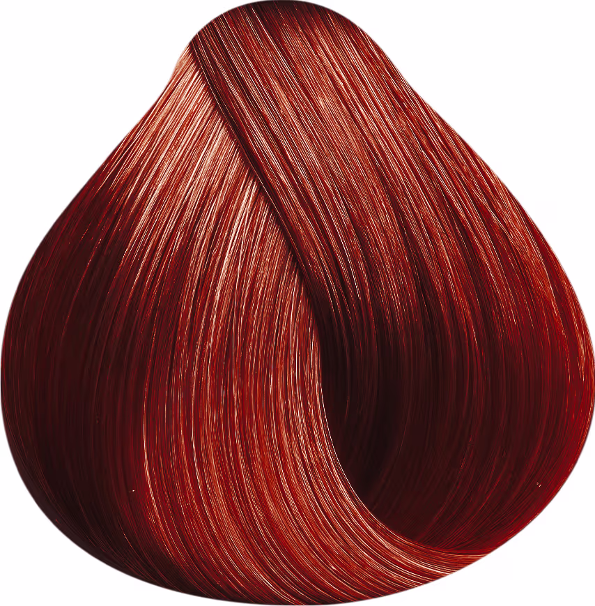 A imagem mostra uma amostra de coloração de cabelo da marca Keune, com uma textura lisa e brilhante, em tons predominantes de vermelho intenso e alaranjado, com reflexos dourados.