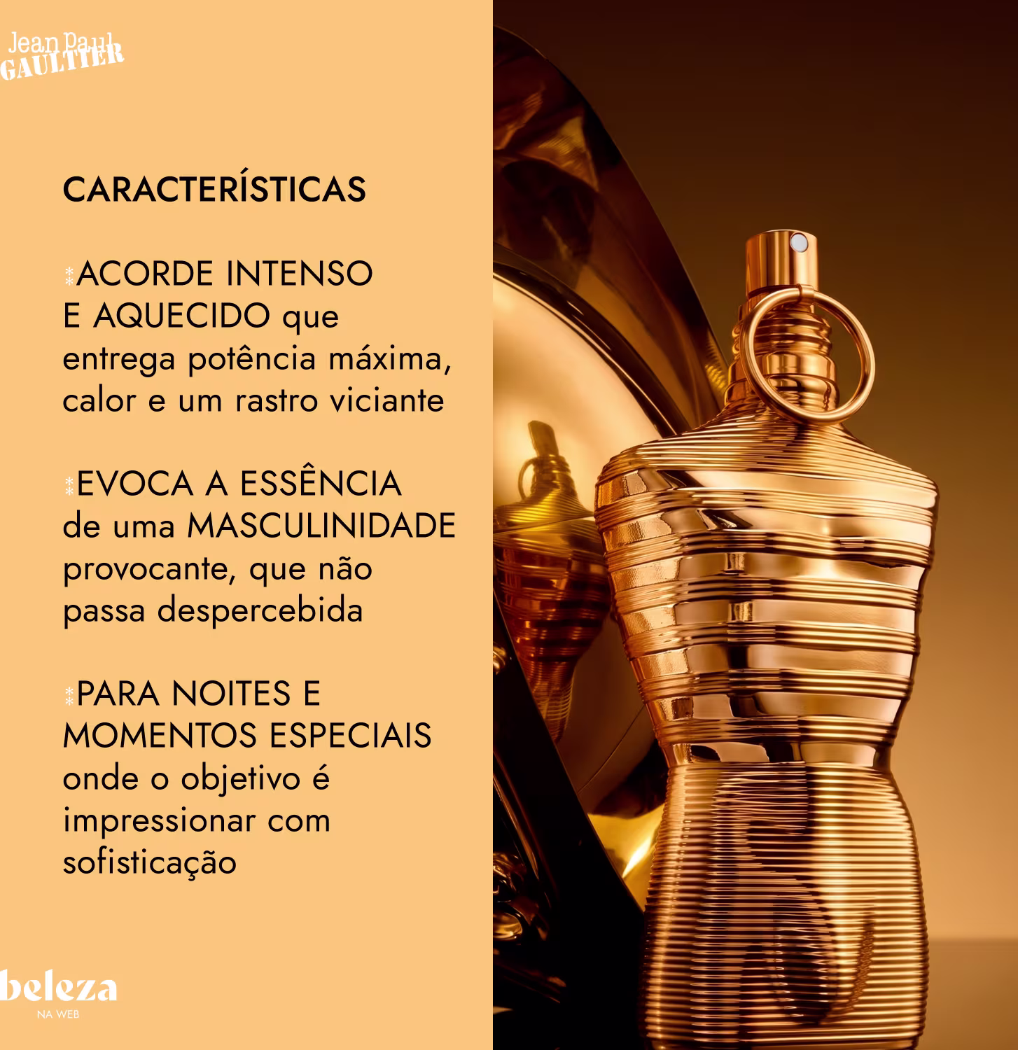 Frasco de item de perfumaria com texto das "CARACTERISTICAS"