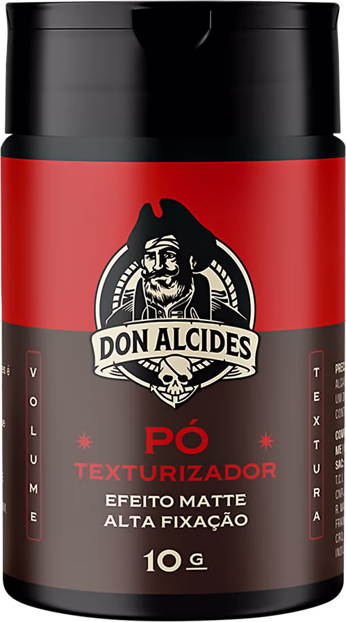 Frasco preto com rótulo vermelho e preto da marca Don Alcides, contendo um produto texturizador de efeito matte e alta fixação, com volume de 10g.