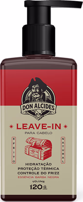 Frasco de leave-in da marca Don Alcides, com embalagem vermelha e bege, contendo 120g do produto. O rótulo apresenta o nome do produto, "Leave-in para cabelo", e destaca benefícios como hidratação, proteção térmica e controle do frizz.