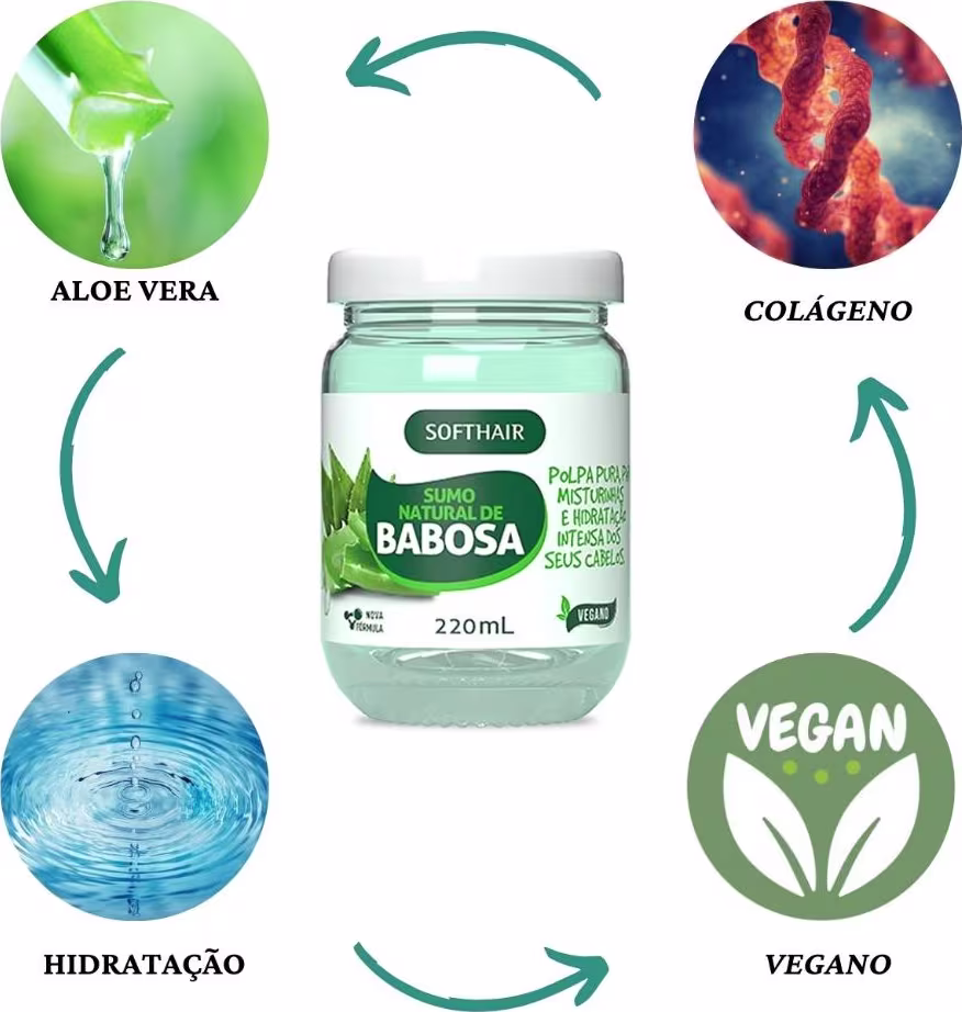 Frasco de vidro transparente contendo 220ml de Sumo Natural de Babosa da marca Softhair. Rótulo verde com texto "Polpa pura e hidratação intensa para seus cabelos". Símbolos de vegano e hidratação visíveis.