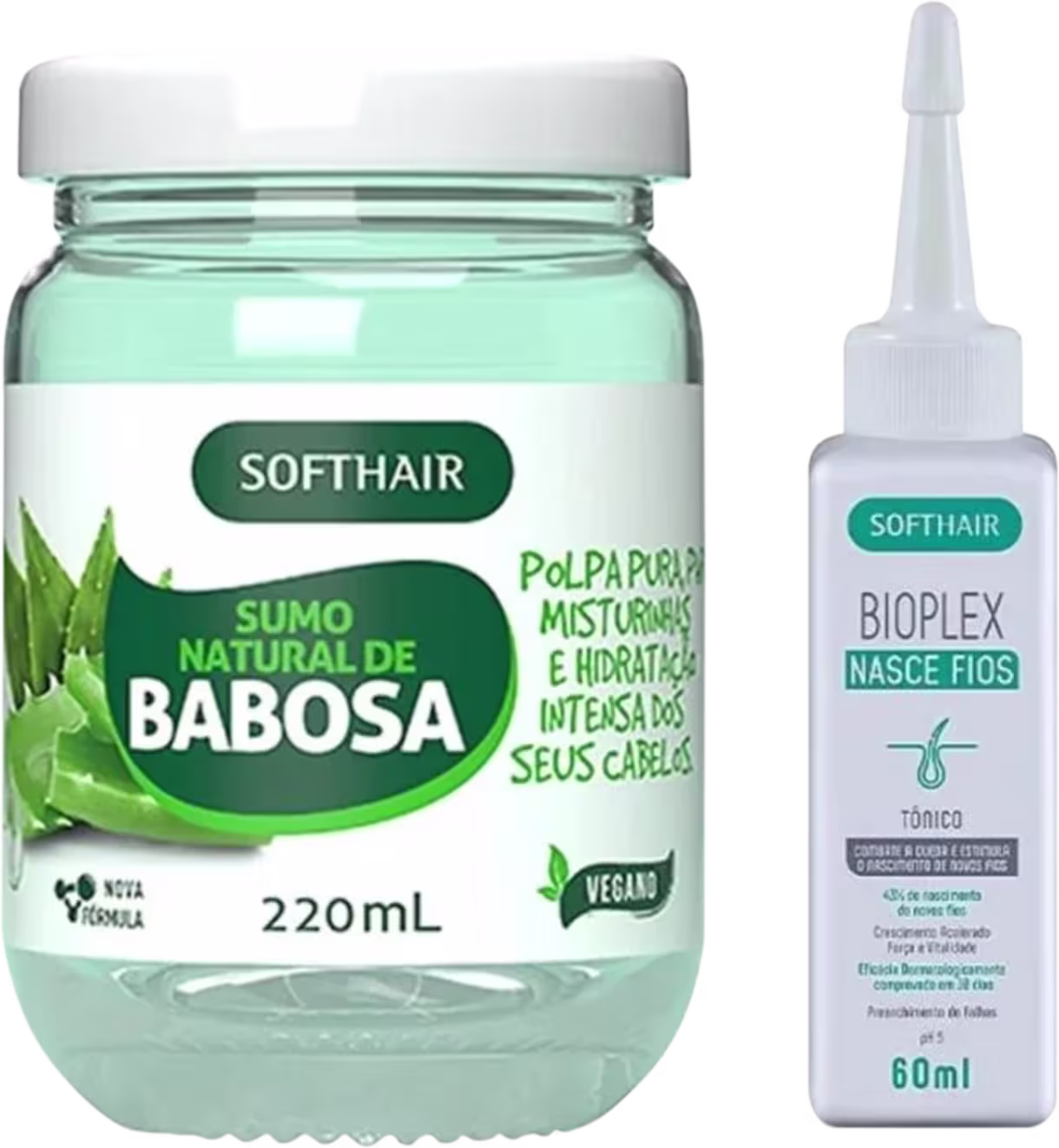 Sumo de Babosa Natural 220ml e Tônico Crescimento Capilar Bioplex Nasce Fios 60ml da Soft Hair