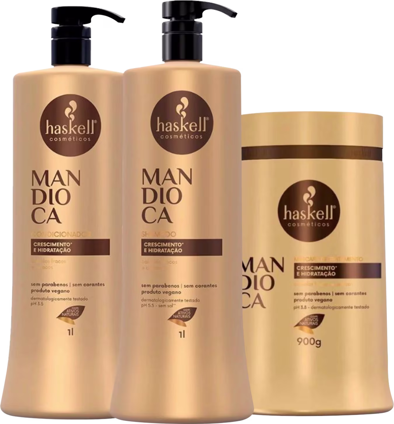 Kit com shampoo, condicionador e máscara da linha Mandioca da marca Haskell.
