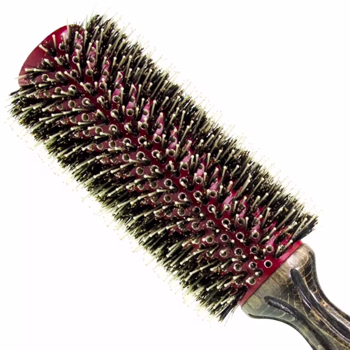 Escova de cabelo com cerdas pretas e vermelhas, com formato cilíndrico e cabo de plástico.