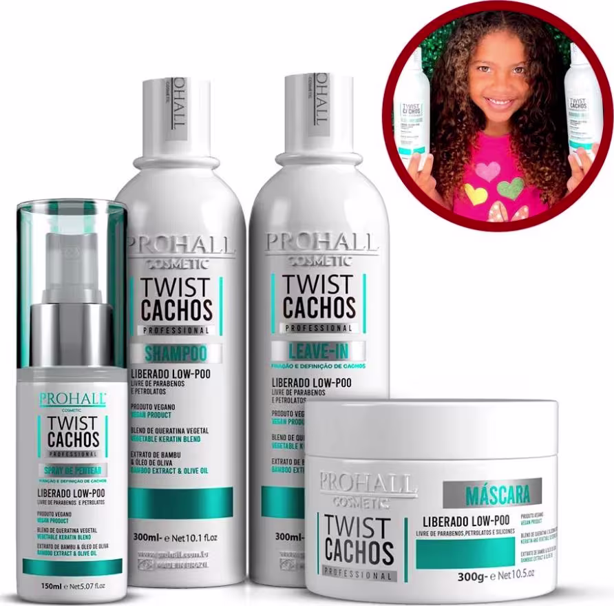 Kit com shampoo, máscara leave-in e spray ativador de cachos da marca Prohall Cosmetic.