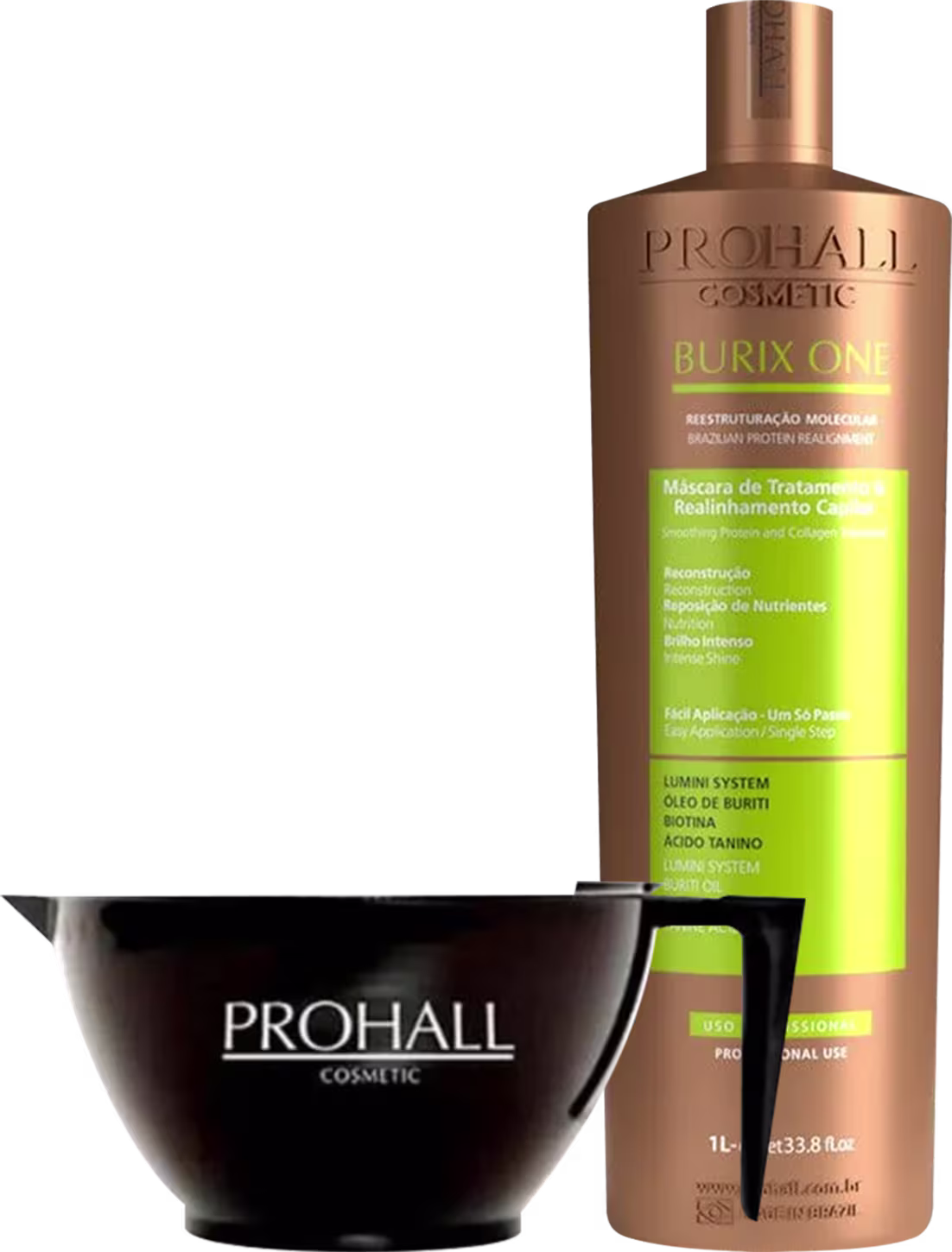 Kit com escova progressiva Burix One e cumbuca capilar, da marca Prohall Cosmetic.
