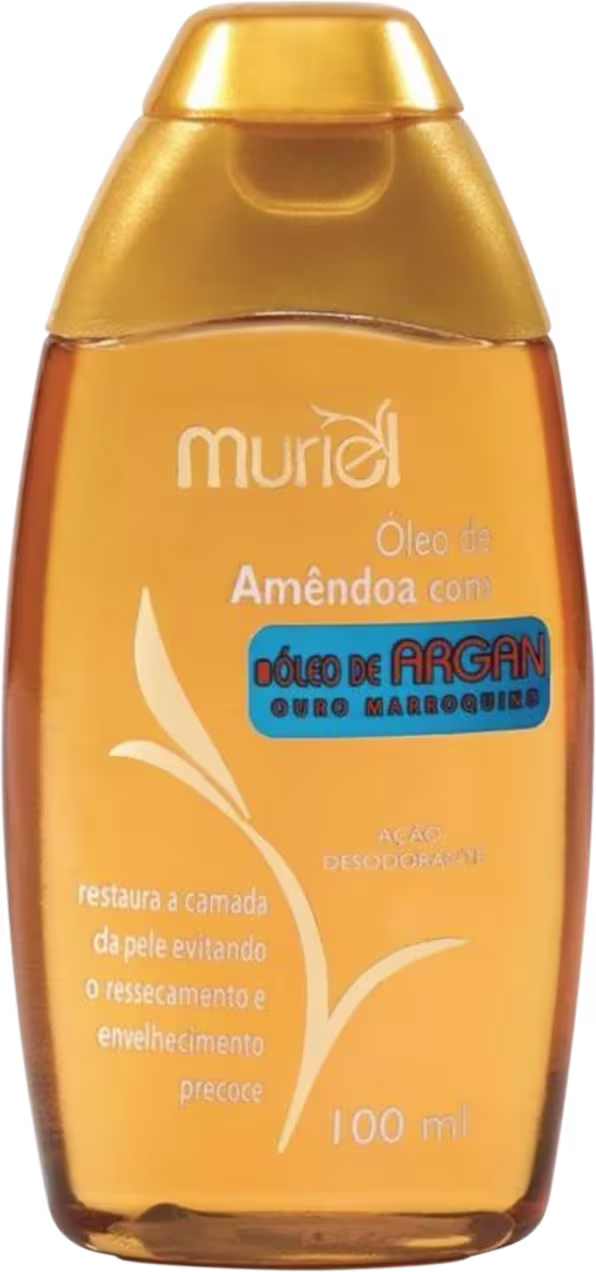 Frasco de óleo de amêndoa com óleo de argan da marca Muriel, em embalagem de plástico amarelo com detalhes em azul, contendo 100 ml do produto.