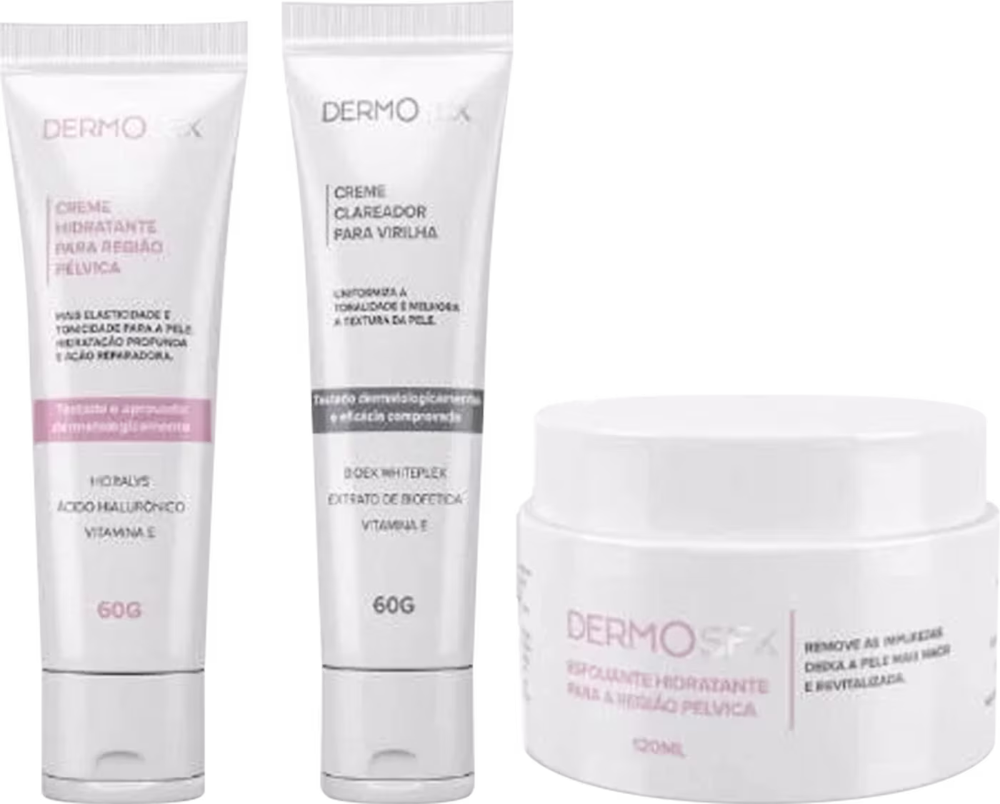 Três produtos de beleza incluindo um creme hidratante, um clareador para virilha e um creme esfoliante hidratante. As embalagens são brancas com detalhes em rosa e texto em português descrevendo os produtos.