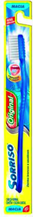 Escova dental Sorriso de cor azul e amarela, com texto "Sorriso" impresso no corpo da escova. O produto está embalado em uma caixa retangular amarela e azul.