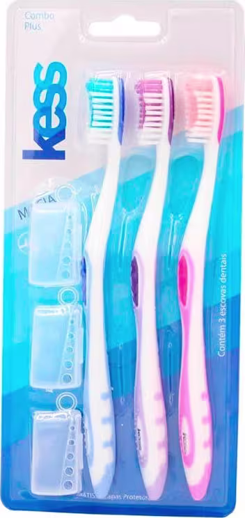 Conjunto de 3 escovas de dente Kess em cores azul, rosa e roxa, com embalagem plástica transparente mostrando os produtos.