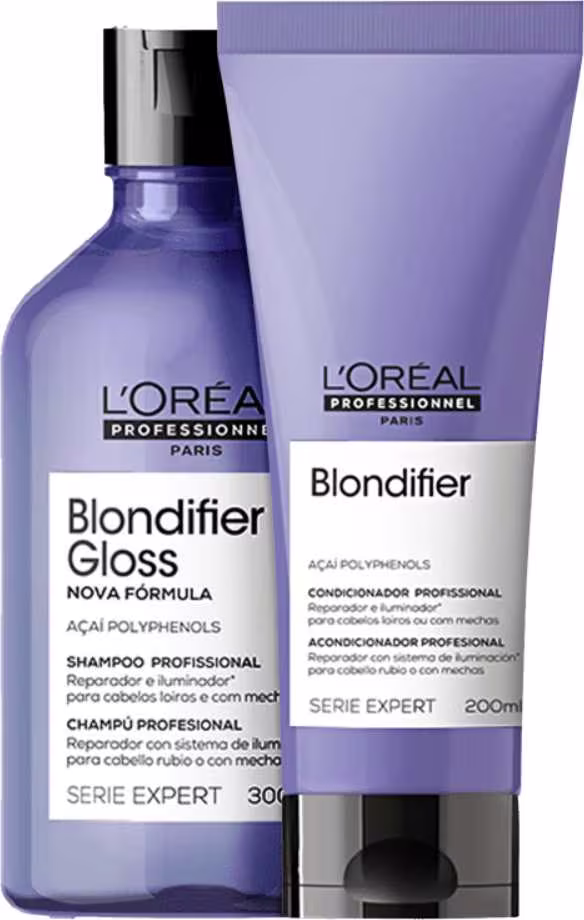 Há um frasco de shampoo Blondifier Gloss e um tubo de condicionador Blondifier, ambos com embalagens de cor roxa e branca. Os rótulos indicam que esses são produtos da linha Serie Expert, voltados para cabelos loiros ou com mechas.