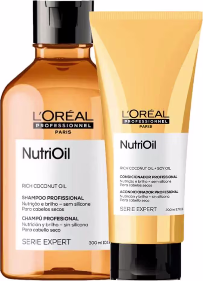 Shampoo Nutri-Oil e um tubo de condicionador Nutri-Oil, ambos com embalagens em tons de laranja e amarelo.