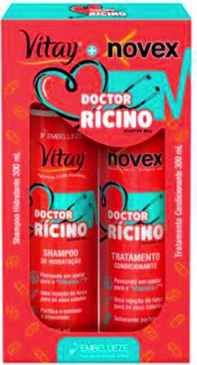 A imagem mostra uma caixa com kit de shampoo e condicionador Doctor Ricino de 300ml, da marca Novex. A embalagem é vermelha com detalhes em azul. Traz ilustração de um estetoscópio em formato de coração e destaca que é uma injeção de força para os cabelos