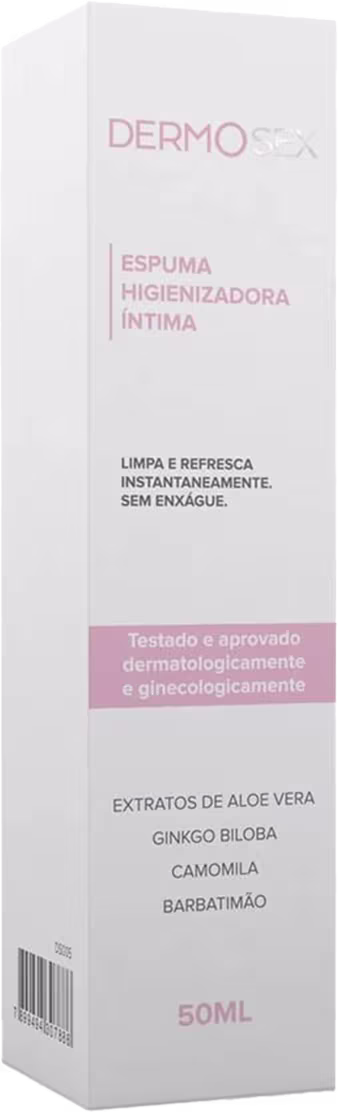 A imagem mostra a caixa da espuma higienizadora íntima da marca Dermosex. A embalagem é uma caixa branca com detalhes em rosa, contendo informações sobre o produto, como sua função de limpeza e refrescância instantânea, sem enxágue.