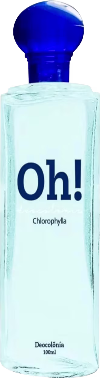 Frasco de vidro transparente com tampa azul, contendo um produto da marca Chlorophylla chamado "Oh!". O rótulo apresenta o nome do produto em destaque e a informação de que o conteúdo é de 100ml.