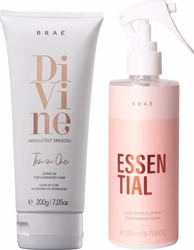 A imagem mostra dois produtos de Braé. Um leave-in da linha Divine, sua embalagem é branca tubular com detalhes em dourado, O outro é o leave-in da linha essential, sua embalagem é cilíndrica com tampa em válvula spray, ele possui a cor rosa claro.