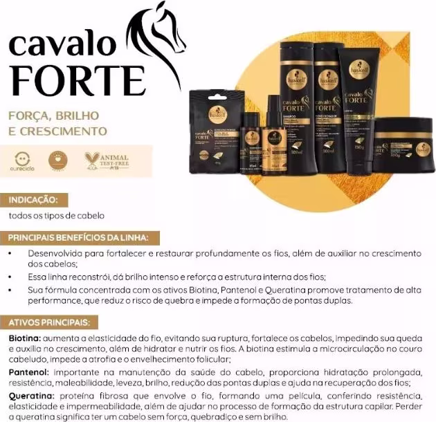 A imagem mostra os produtos da linha Cavalo Forte e abaixo texto com características e benefícios da linha.