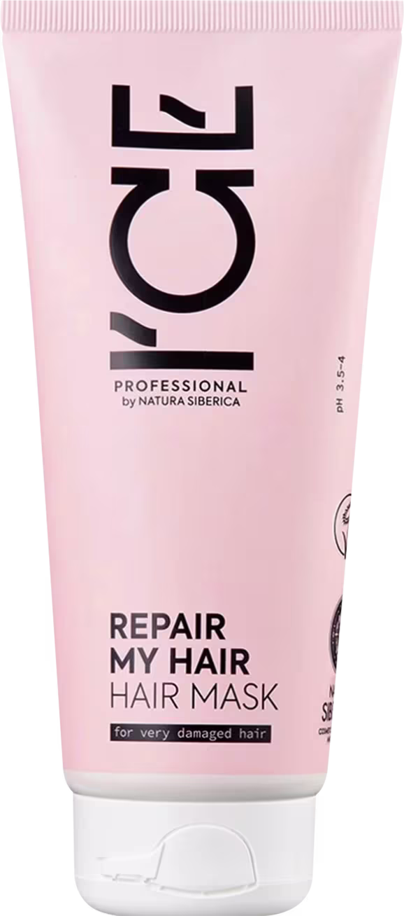 Bisnaga rosa com rótulo preto e branco da marca Ice Professional contendo máscara capilar reparadora para cabelos muito danificados.
