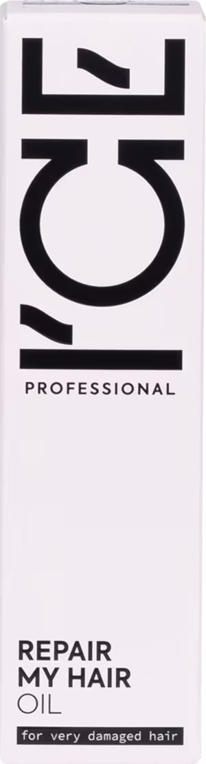 Frasco branco com rótulo preto e branco da marca Ice Professional, contendo óleo para reparar cabelos muito danificados.