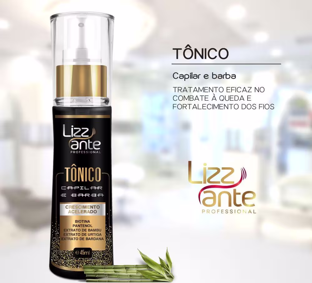 Tônico capilar e para barba da marca Lizz ante Professional. O rótulo exibe o nome "Tônico" em destaque, seguido de informações sobre o tratamento eficaz no combate à queda e fortalecimento dos fios.