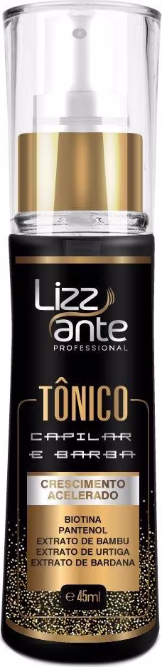 Tônico capilar da marca Lizz ante Professional. O rótulo é preto com detalhes dourados, exibindo o nome da marca e do produto "Tônico Capilar e Barba".