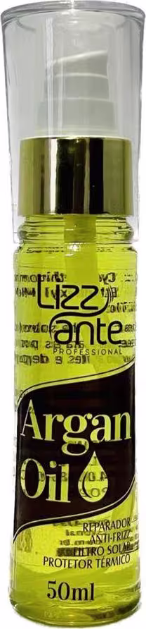 Óleo de argan da marca Lizz ante Professional. O rótulo do produto destaca em letras grandes "Argan Oil" e menciona que é um "Reparador Anti-Frizz Protetor Térmico", indicando que se trata de um óleo de tratamento para cabelos.