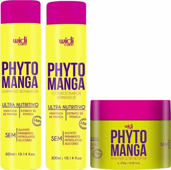 A imagem mostra três produtos. São dois frascos de shampoo e condicionador de 300ml cada, com embalagens cilíndricas amarelas e tampas rosa. O terceiro produto é uma máscara de tratamento da mesma linha, em um pote de 300g amarelo com tampa rosa.