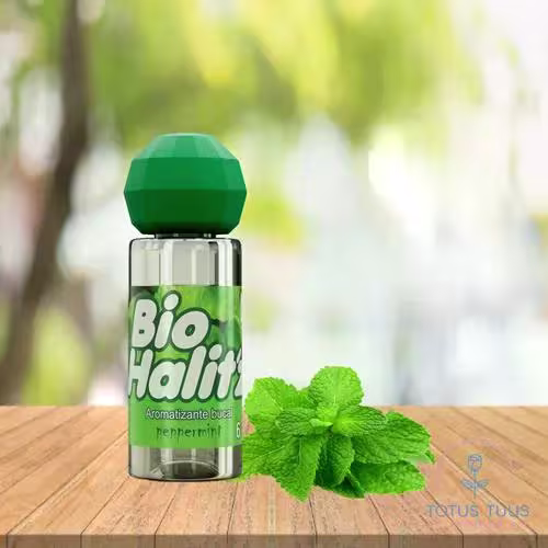 Produto de aromatização bucal. Frasco cilíndrico transparente com líquido verde claro. Tampa plástica verde escura hexagonal. Rótulo branco com o nome do produto "Bio Halitz" em letras verdes.