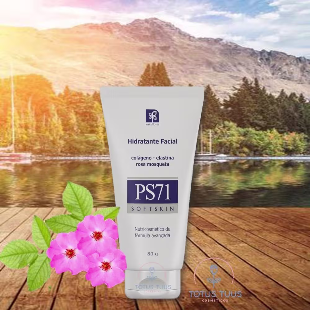 Hidratante facial da linha PS71 Softskin da marca Natuflores. Embalagem plástica branca em forma de tubo com tampa protetora. Rótulo na frente com o logotipo da Natuflores, nome do produto "Hidratante Facial" e informações dos ingredientes.