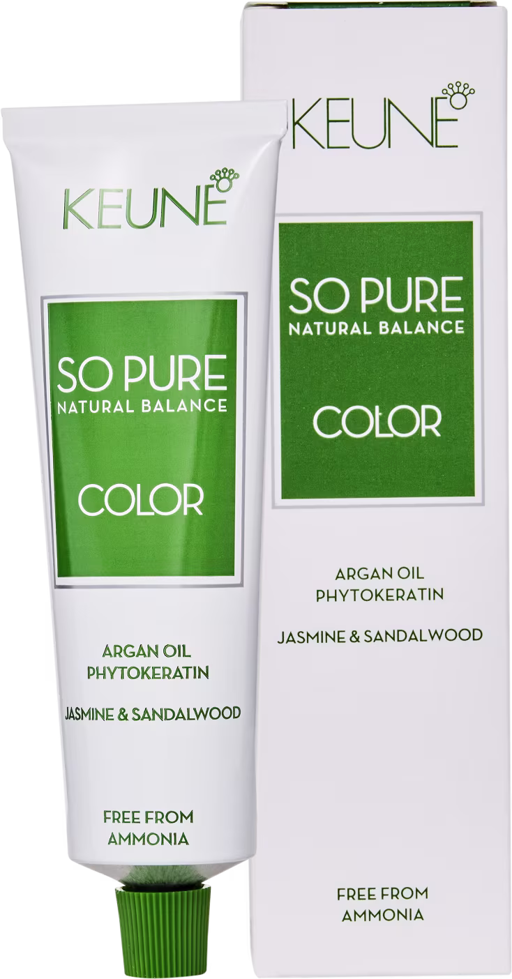 Caixa e tubo de tinta de cabelo da marca Keune, da linha "So Pure Natural Balance Color", nas cores verde e branco, livre de amônia.