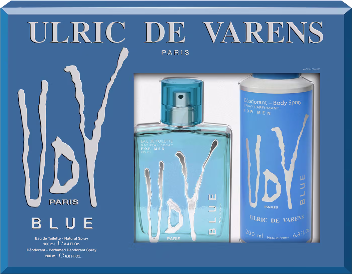 A imagem mostra uma caixa retangular azul com detalhes brancos e o nome da marca e linha em letras maiúsculas. Contém um frasco de perfume em vidro azul claro transparente de 100ml e um frasco de desodorante corporal spray de 200ml.