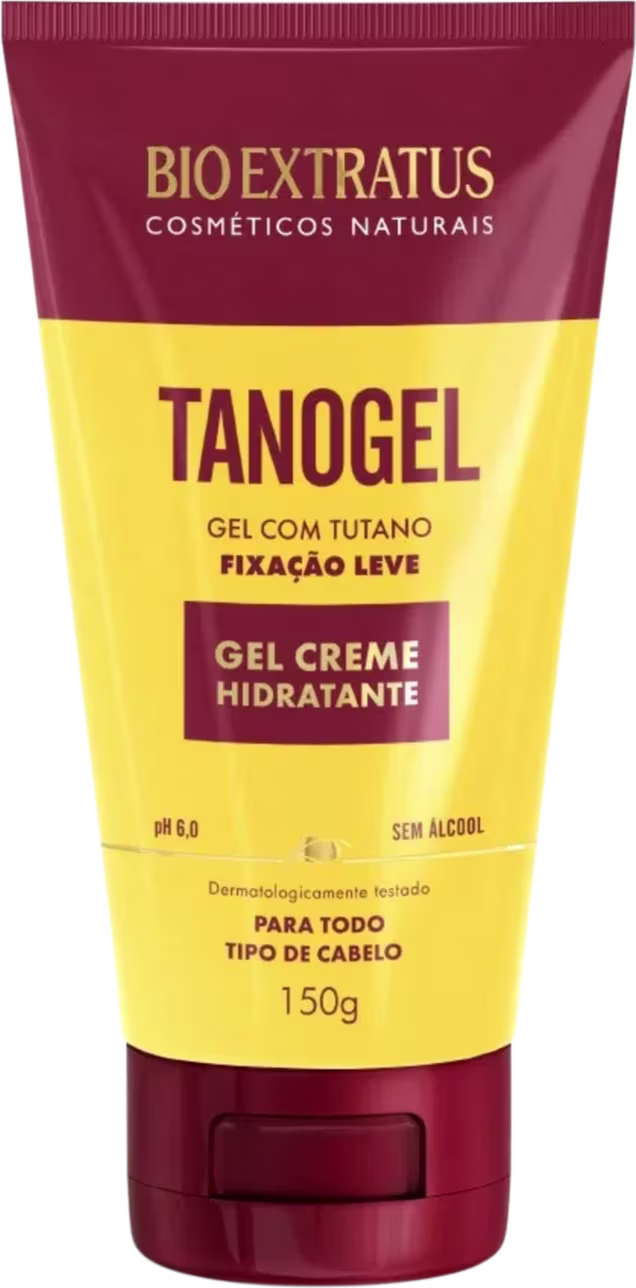 Tubo de gel creme hidratante da marca Bio Extratus, com rótulo em vermelho e amarelo, contendo a descrição "Tanogel - Gel com tutano, fixação leve" e informações sobre o produto.