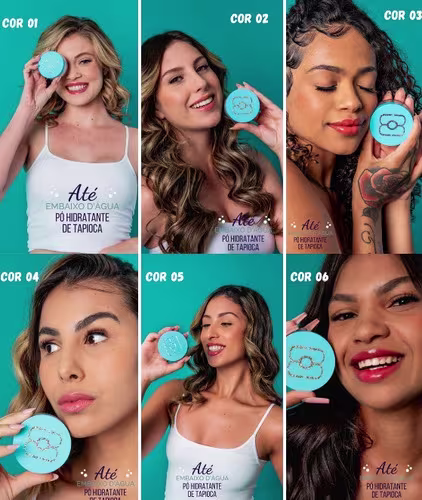 O produto apresentado é um pó hidratante facial de tapioca. Ele vem embalado em pequenos compactos redondos de cor azul clara. O texto "Até embaixo d'água pó hidratante de tapioca" está escrito em letras brancas.