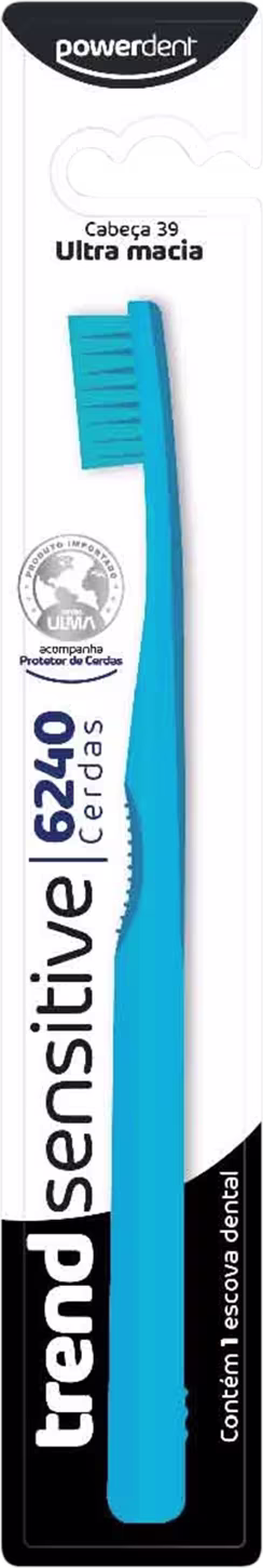 Escova dental Powerdent, embalagem preta e branca, com cabo azul claro. Produto destinado ao cuidado e higiene bucal.