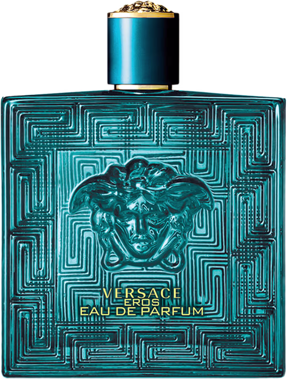 Frasco de perfume Versace Eros, com design geométrico em tons de azul e dourado, destacando o emblema da marca. Embalagem elegante e sofisticada, com informações do produto impressas.