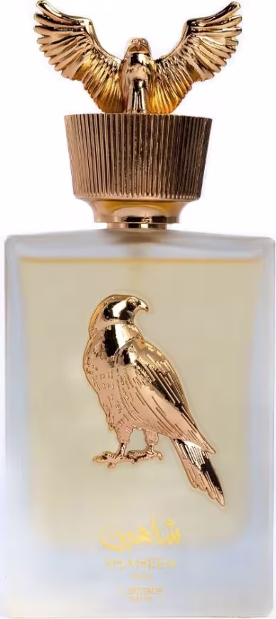 Frasco de perfume Shaheen Gold Lattafa com tampa dourada em formato de águia com asas abertas.