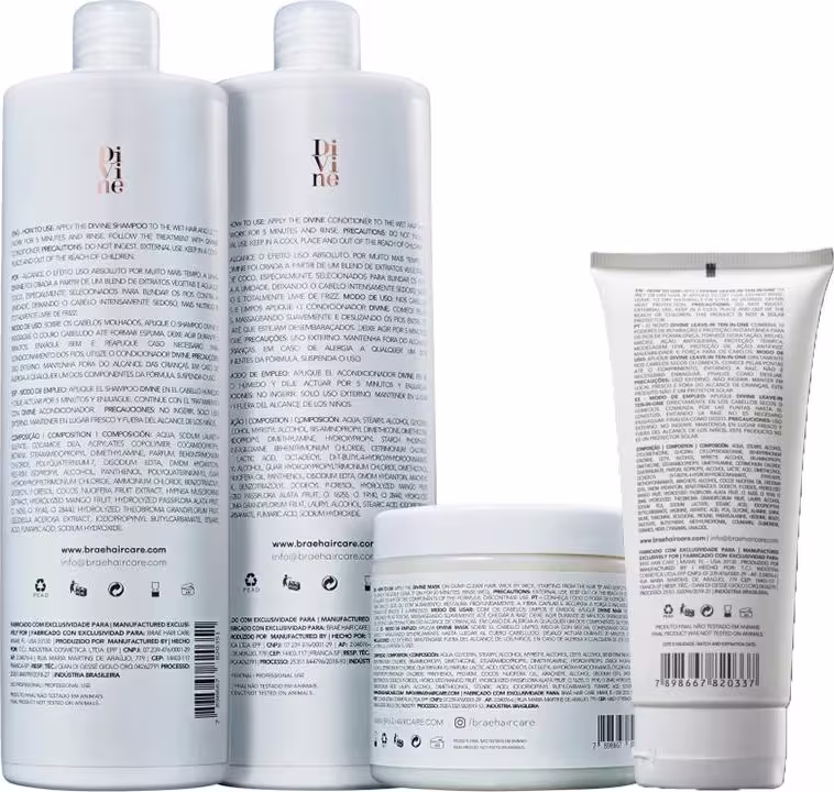 A imagem mostra quatro produtos de cuidados com os cabelos da marca Brae. Os rótulos exibem o nome da marca "Brae" e informações sobre os ingredientes.