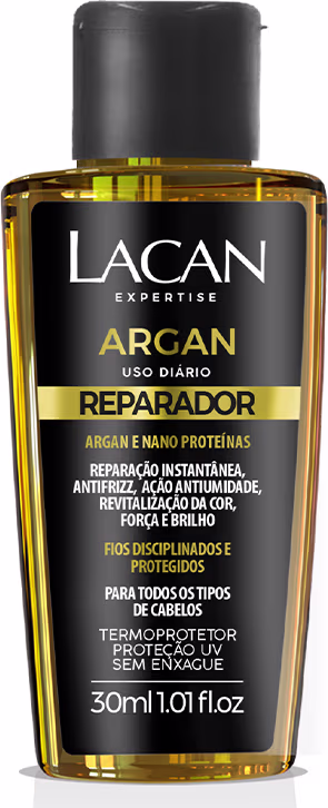 Frasco de óleo reparador de cabelos da marca Lacan, com 30ml, contendo rótulo preto e amarelo destacando os benefícios do óleo de argan para todos os tipos de cabelos.