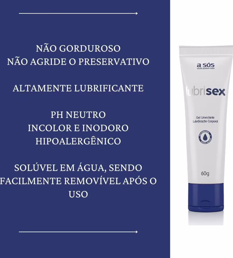 O produto apresentado é um gel lubrificante corporal da marca A Sós, chamado Lubrisex. Texto indica que é altamente lubrificante, de pH neutro, incolor e inodoro, além hipoalergênico. Também menciona que o produto é solúvel em água e facilmente removível